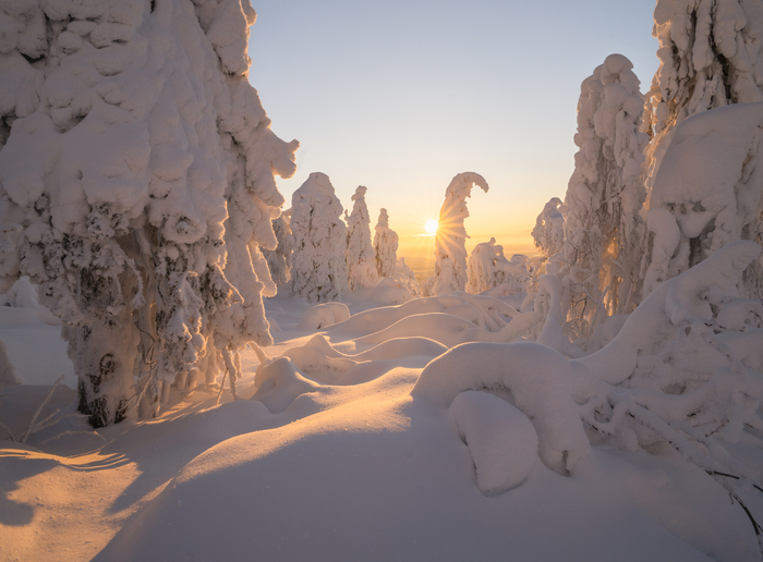 Солнце рассвета в снежном царстве Полюда