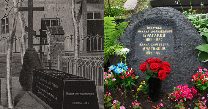 Слева — «Голгофа» на могиле Гоголя, на рисунке Василия Евдокимова-Розанцева; справа — на могиле Булгакова. Изображение: Василий Евдокимов-Розанцев, Tatiana Gothic / Wikipedia