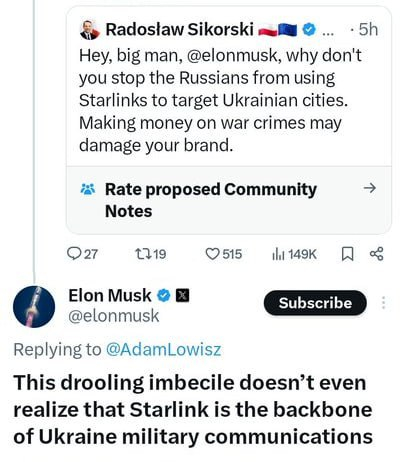 Маск назвал главу МИД Польши «слюнявым идиотом»