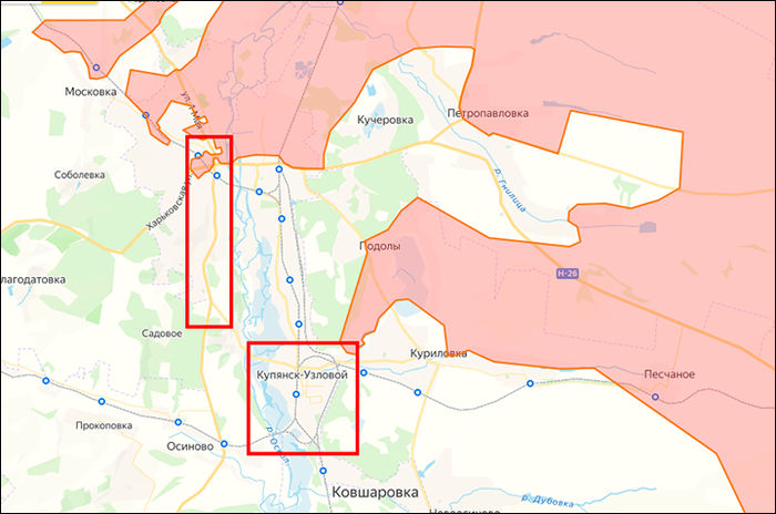 Купянск обведён прямоугольником, Купянск-Узловой обозначен квадратом правее и ниже города. Скриншот: <!--noindex--><a href="https://pikabu.ru/story/kupyansk_vzyat_dvazhdyi_vrag_vyilozhil_video_iz_goroda_vrat_nelzya_kto_brosil_vyizov_glavnomu_printsipu_belousova_13648171?u=http%3A%2F%2Flostarmour.info&t=lostarmour.info&h=7748188071d5b129d2bb938ec4d9102e096e8249" title="http://lostarmour.info" target="_blank" rel="nofollow noopener">lostarmour.info</a><!--/noindex-->