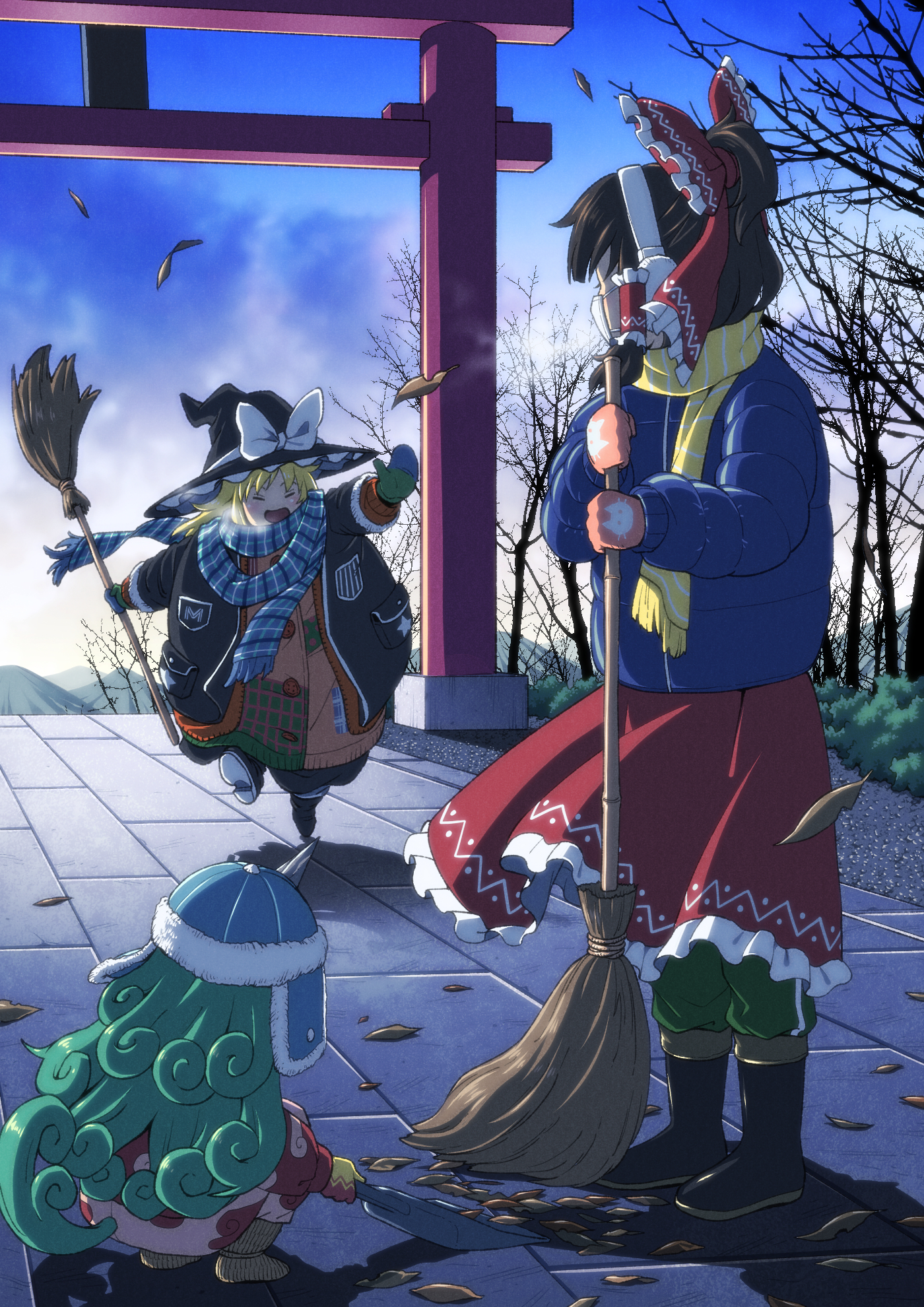 Early in the morning - Touhou, Kirisame marisa, Hakurei Reimu, Komano aunn, Anime art, Game art, Anime, Games