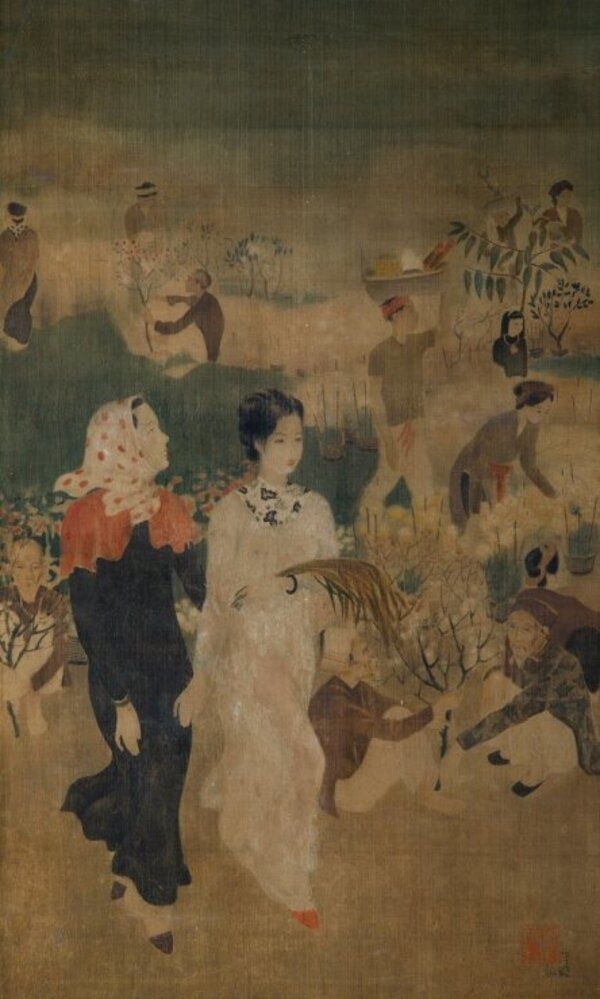Нгуен Тиен Чунг. Поход на рынок Тет. Шелковая картина. 1940.