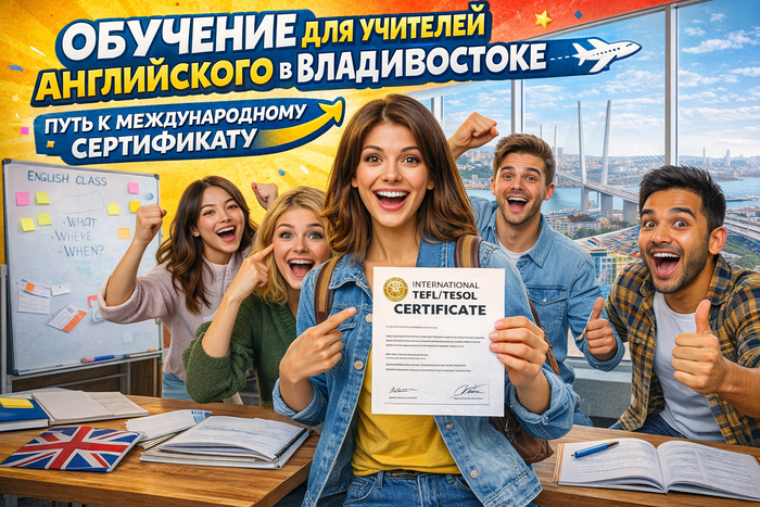 Обучение для учителей английского во Владивостоке — преподаватели с международным сертификатом TEFL TESOL в ярком учебном классе