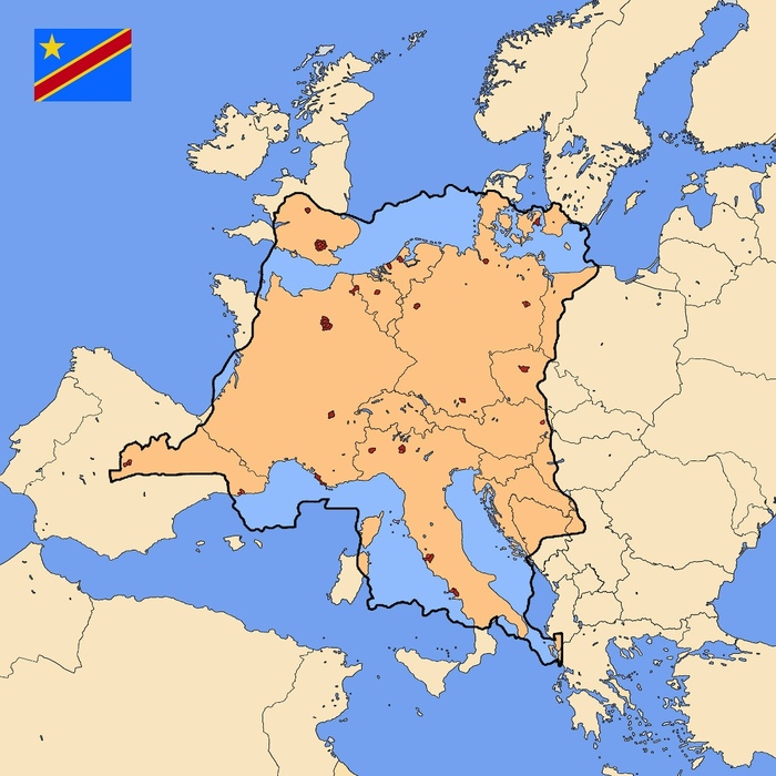 Сопоставление размеров Европы и современной Демократической Республики Конго. Свободное Государство Конго Леопольда II было несколько меньше – на пару-тройку Австрий, но общей картины это не меняло.