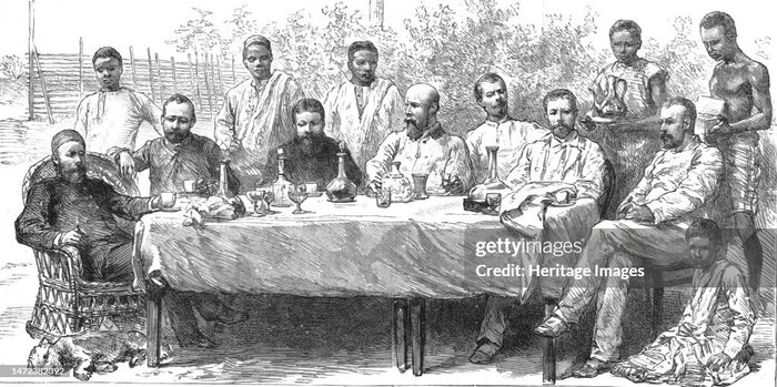 Бельгийский комитет по борье с рабство в Конго на банкете у итальянского консула в Бома. "The Graphic. An Illustrated Weekly Newspaper", July to December, 1890. В столице Свободного государства Конго присутствовали консулы основных европейских стран.