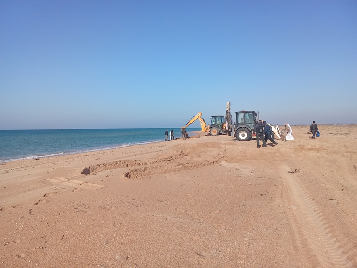 за день 19 человек и 4 тракториста прошли 1 километр пляжа. вычищали на совесть.сетка присыпанная песком очень тяжела и руками не вытаскивалась, только ковшами. выкапывали все даже мелкие кусочки.