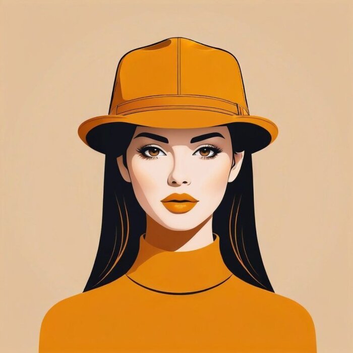 Minimalist vector portrait, girl�s face, vector style, hat ochre shade