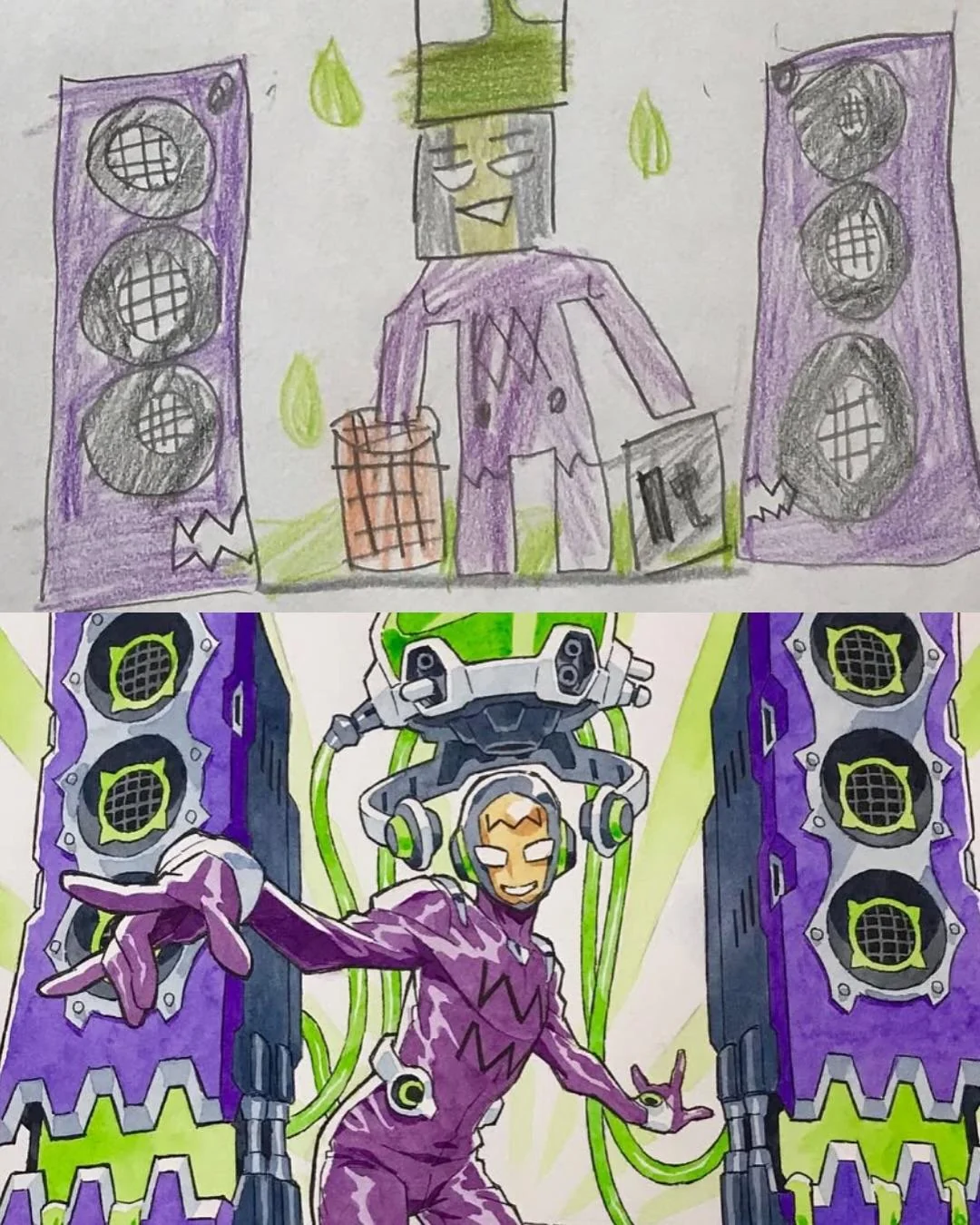 Animator Thomas Romain transforms his son's drawings into epic anime-style characters. - Anime, Style, Painting, Children, Father, Parents and children, Drawing, Amendments, Changes, Artist, Longpost