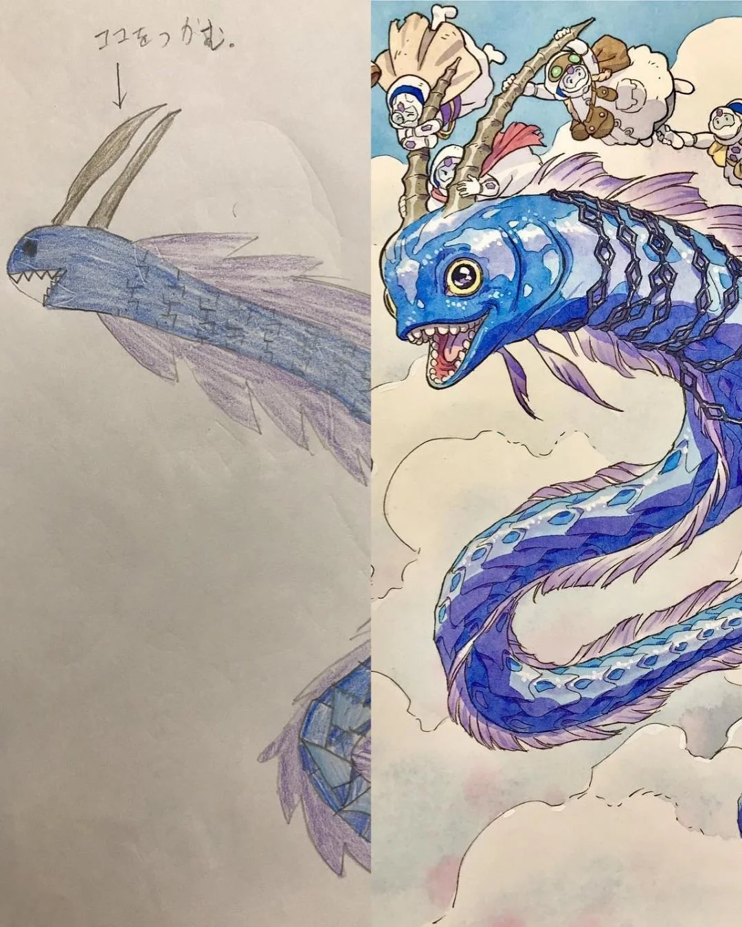 Animator Thomas Romain transforms his son's drawings into epic anime-style characters. - Anime, Style, Painting, Children, Father, Parents and children, Drawing, Amendments, Changes, Artist, Longpost