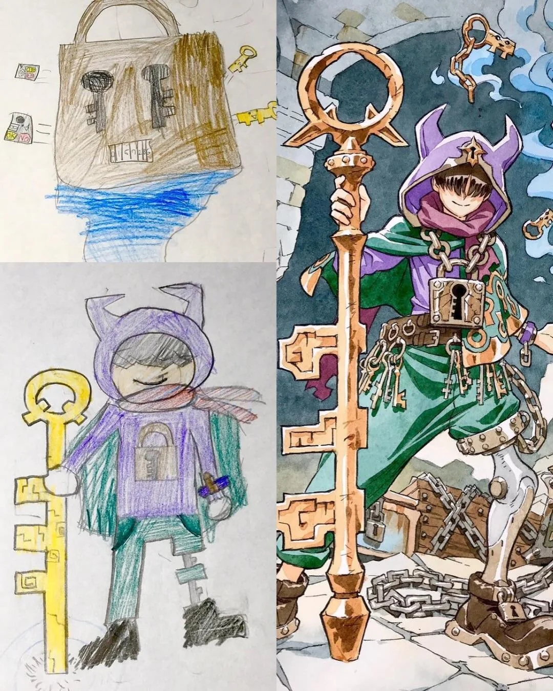 Animator Thomas Romain transforms his son's drawings into epic anime-style characters. - Anime, Style, Painting, Children, Father, Parents and children, Drawing, Amendments, Changes, Artist, Longpost