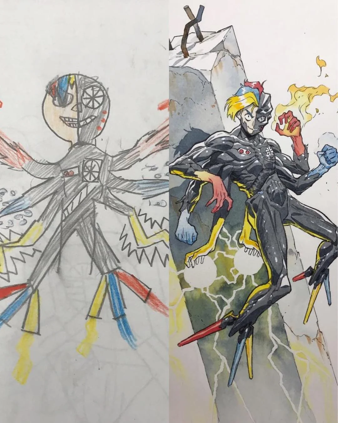 Animator Thomas Romain transforms his son's drawings into epic anime-style characters. - Anime, Style, Painting, Children, Father, Parents and children, Drawing, Amendments, Changes, Artist, Longpost