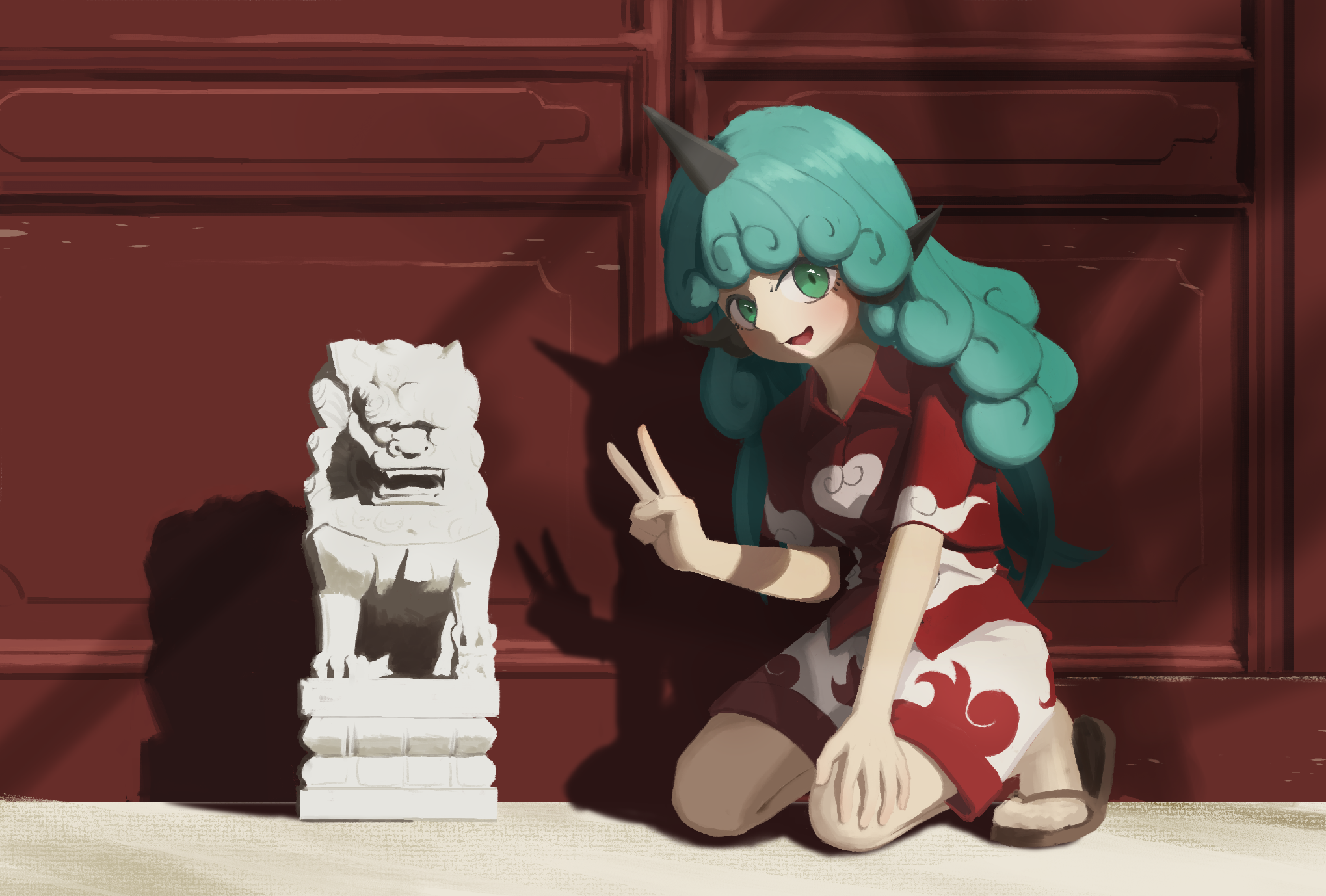 Аун и каменный лев - Touhou, Komano aunn, Anime Art, Game Art, Аниме, Игры