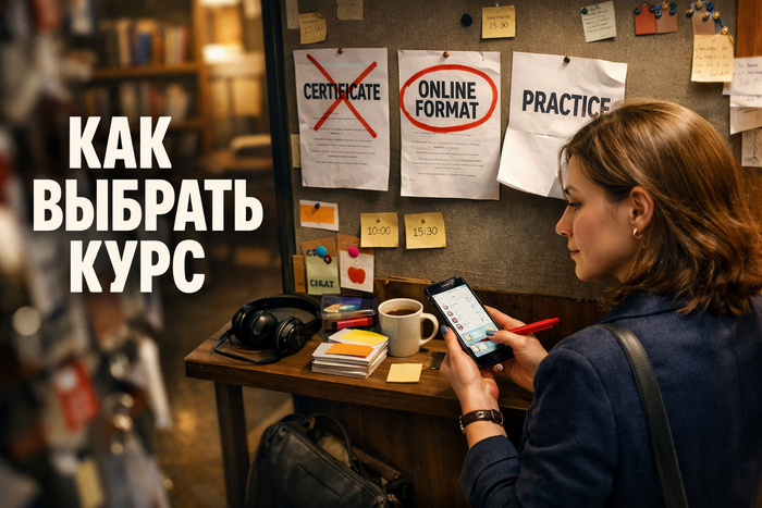 Преподавательница английского выбирает дистанционный курс по распечаткам с пометками certificate, online format и practice на editorial-обложке статьи