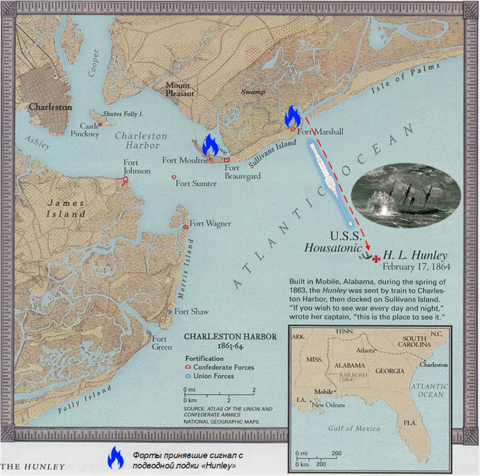 ����� ����� ��������� ����� �Hunley� � ����� ��������� �������� ������ � ���� ������ (Fort Moultrie) � ���� ������� Fort Marshall. [XXIV]