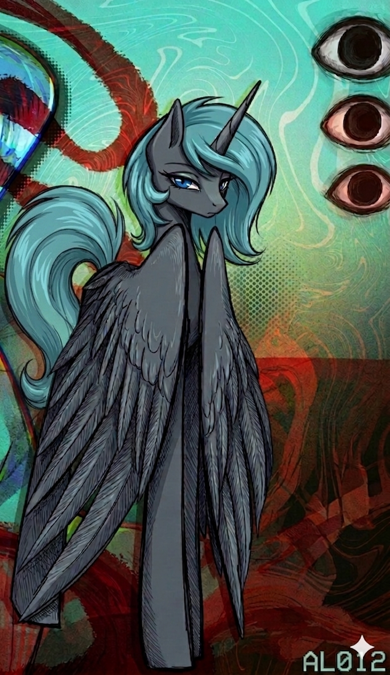 Don't look in mirrors, they're your evil doppelgangers. At least, that's what the oversized hornwing thinks. - Original character, Neural network art, Princess Platinum, Alicorn, My little pony, Fallout: Equestria, Longpost