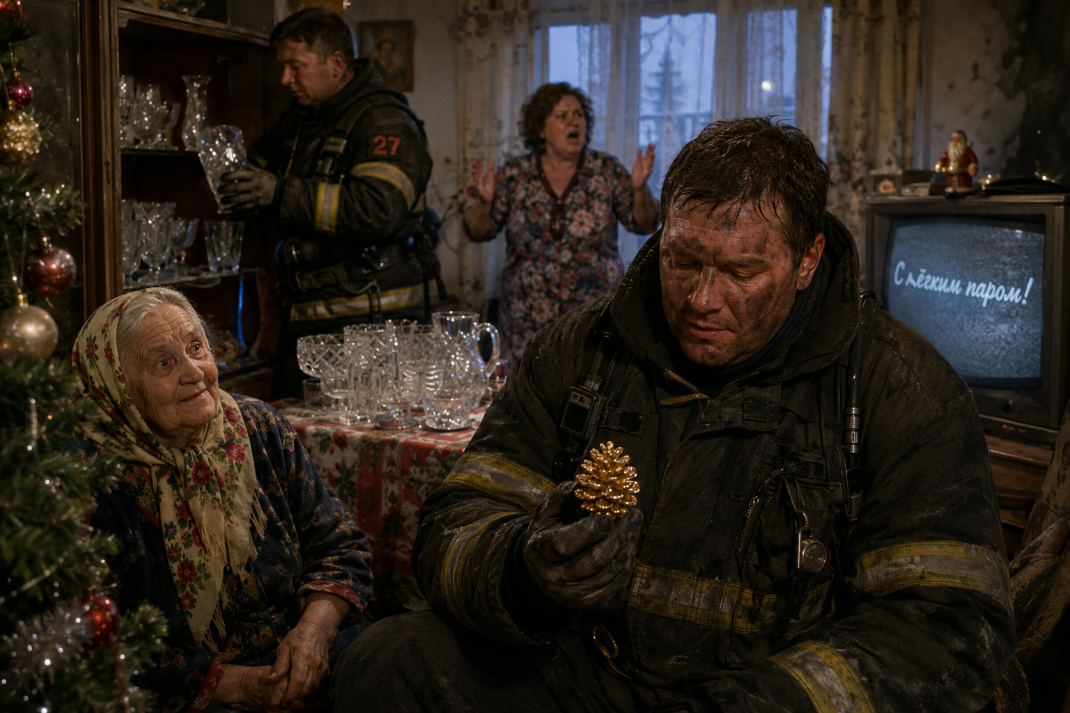 A Miracle Named Karavaev. Operation Crystal - My, Neural Network Content, Fire, TV set, Time, Crystal, Estonia, Tallinn, Miracle, Author's story, Smoke, Irony of Fate or Enjoy Your Bath (Film), Cones, Longpost