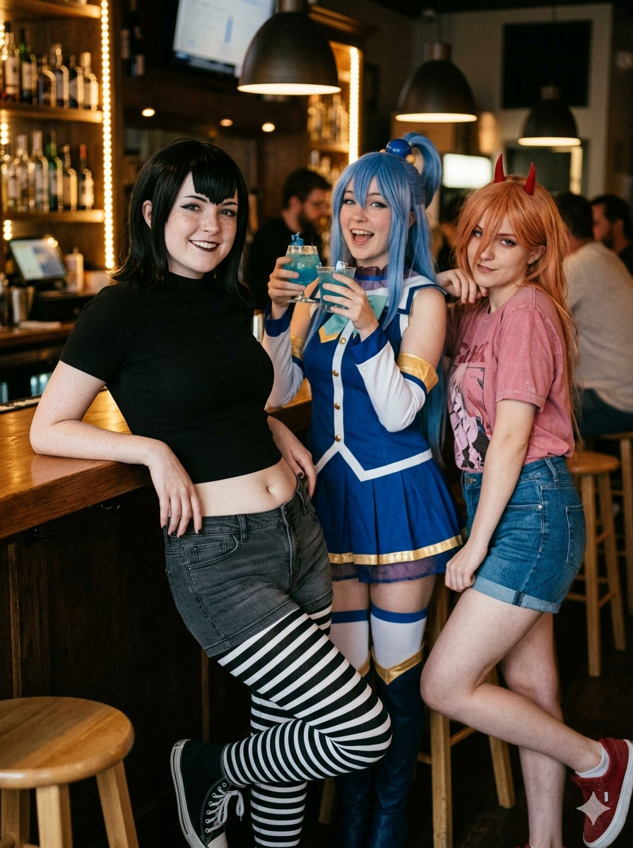 Thursday is little Friday - My, Neural Network Content, Mavis Dracula, Power (Chainsaw Man), Aqua, Konosuba, Chainsaw man, Monsters on vacation, Bar, Get-togethers, The photo, Anime
