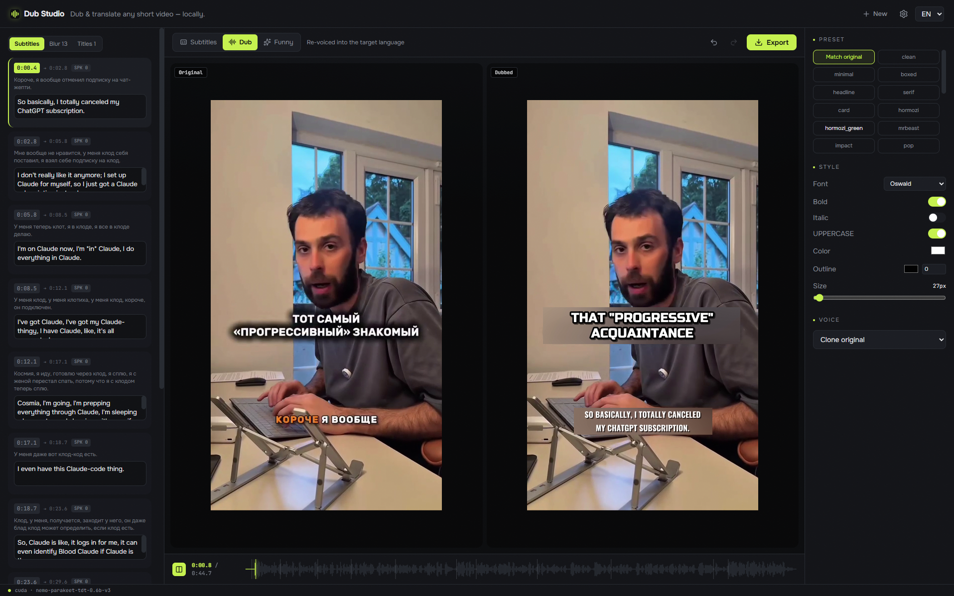 Dub Studio is a free, local CapCut for AI dubbing: dubbing videos into 6 languages ??with a cloned voice. - My, Neural Network Content, Dubbing, Neural Networks, Open source, Vertical video, Artificial Intelligence, Short videos, Video, Longpost, Peekaboo+