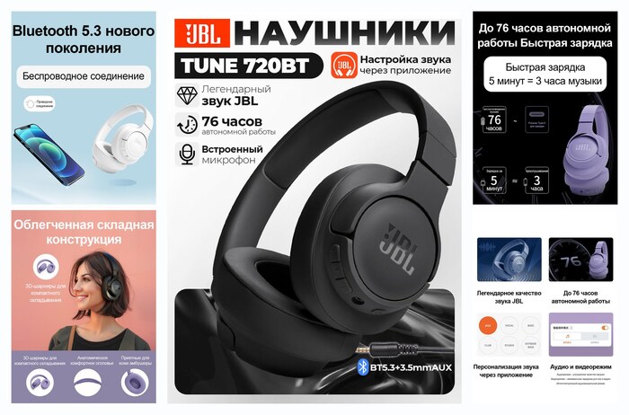 ������������ �������� JBL Tune 720BT, mini jack 3.5 mm, ������