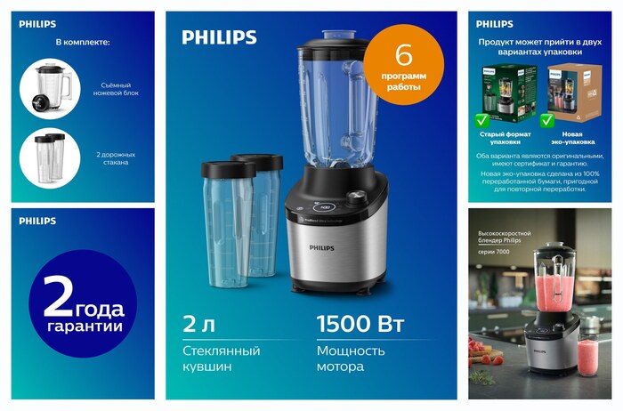 Стационарный блендер Philips HR3760/10, 1500 Вт, 12 скоростей, стекло, 2л