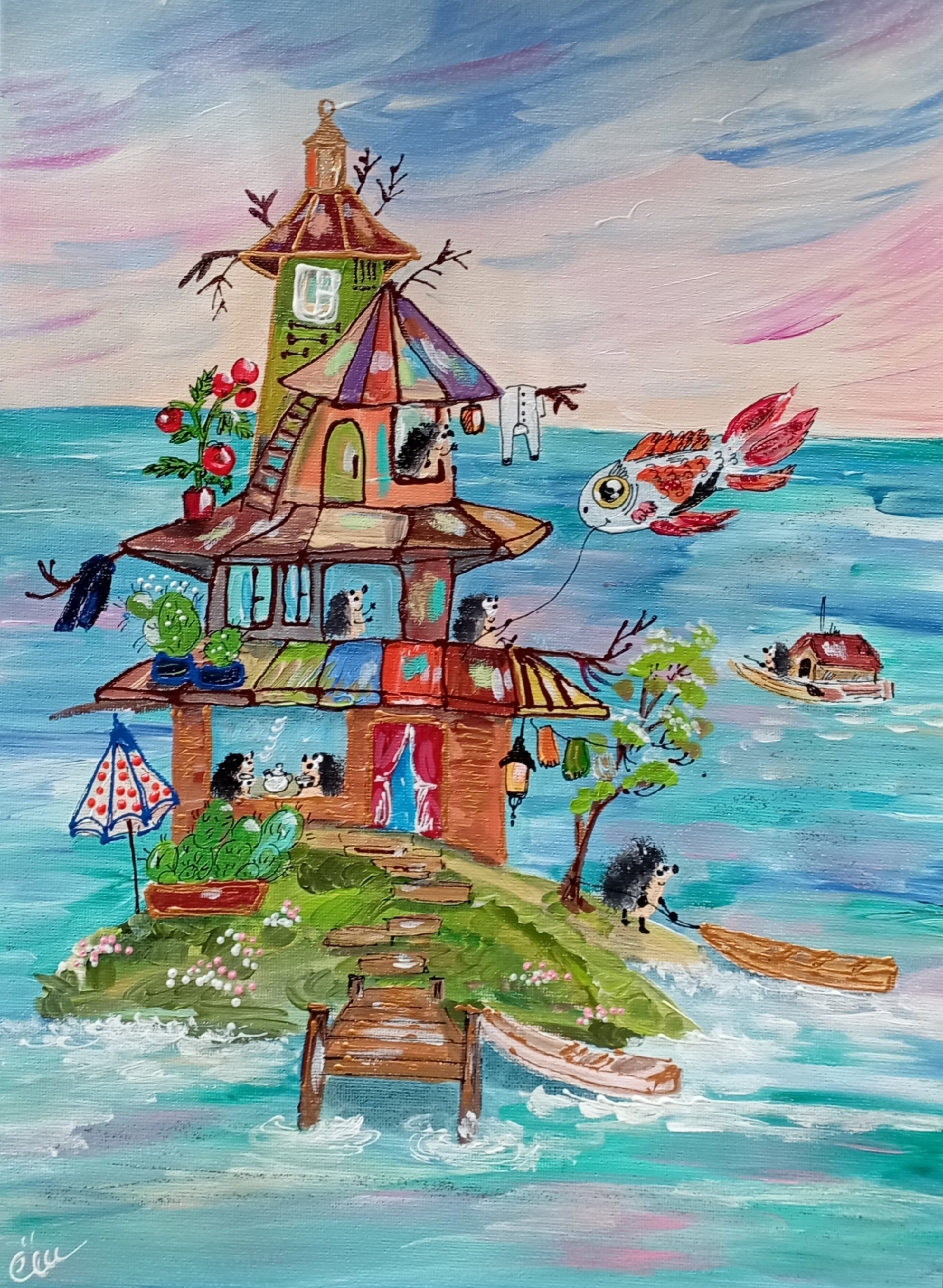 Hedgehog Island - My, Artist, Painting, Interior, Author's painting, Presents, Sea, Canvas, Painting, Decor, Milota, Acrylic, Animalistics, Cosiness, Modern Art, 