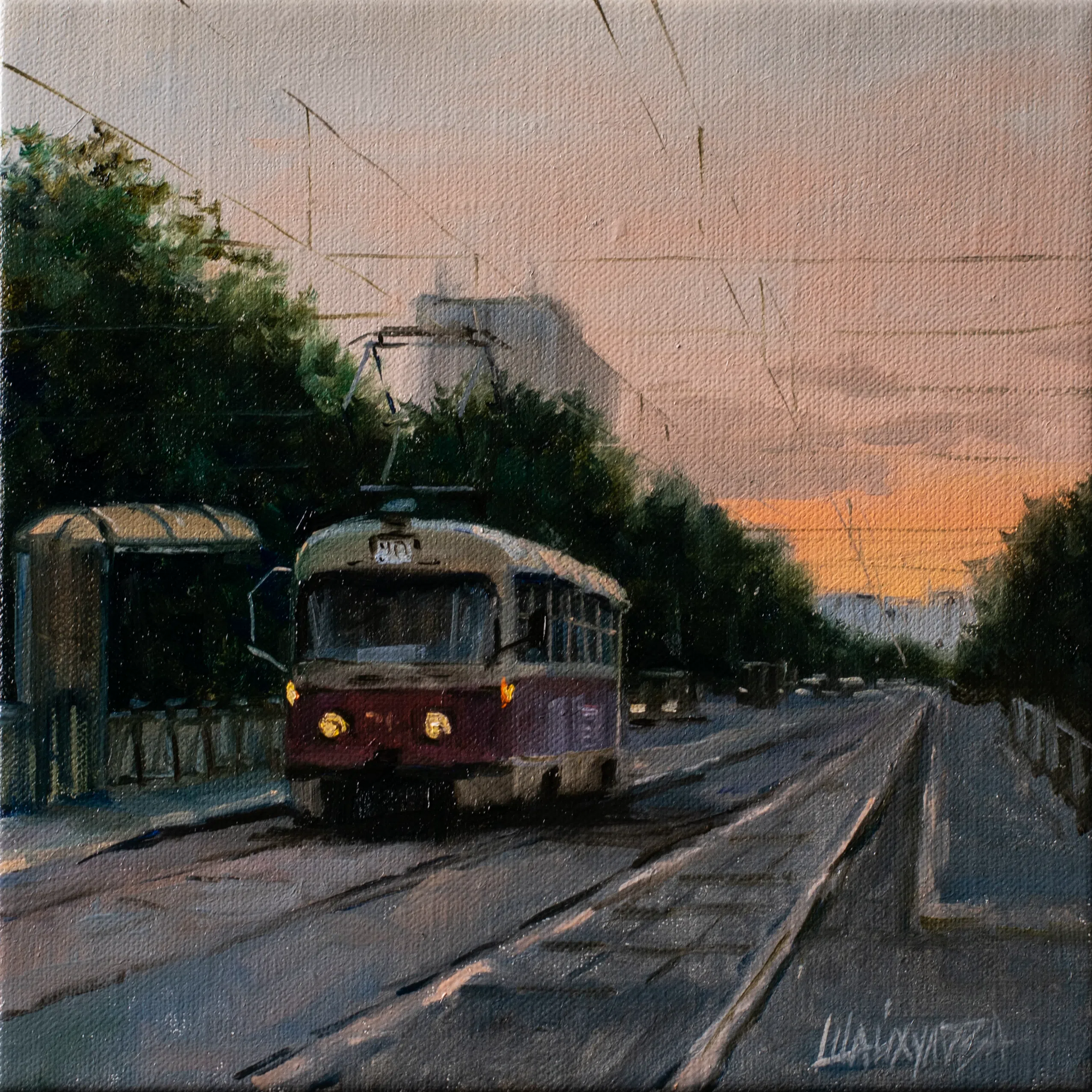 Summer evening trams in my painting - My, Drawing, Painting, Art, Landscape, Creation, Tram, Longpost
