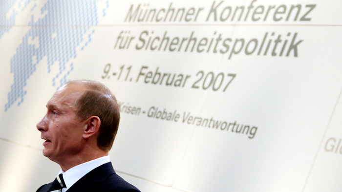 Историческая Мюнхенская речь Владимира Путина, февраль 2007 года. Источник: Johannes Simon / Getty Images.