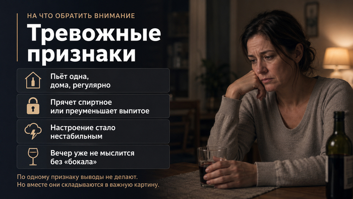 Насторожить могут регулярное употребление в одиночестве, попытки скрыть спиртное, резкие реакции на вопросы, нестабильное настроение и ощущение, что вечер невозможен без алкоголя