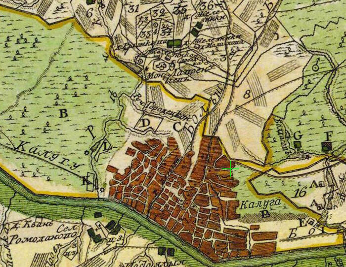 Карта Калуги 1780 года. За ручьем Городецкий в бдующем будет организовано городское кладбище.
