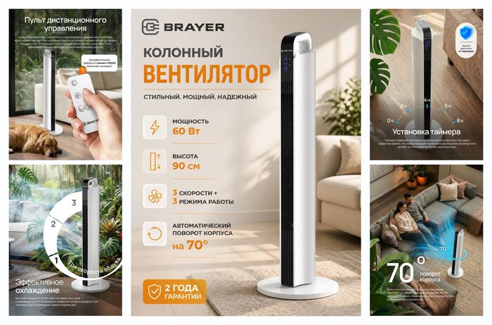 Вентилятор BRAYER, колонный, напольный, поворотный, пульт ДУ, высота 90 см, 60 Вт, 3 скорости, LED-дисплей
