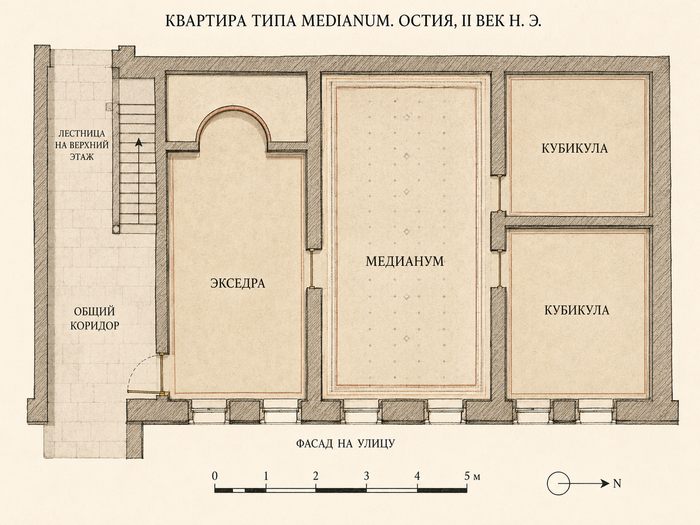 Схема квартиры типа medianum площадью около 150 м² — обобщённая иллюстрация по опубликованным данным домов на Via dei Vigili в Остии. Не копия оригинального плана.