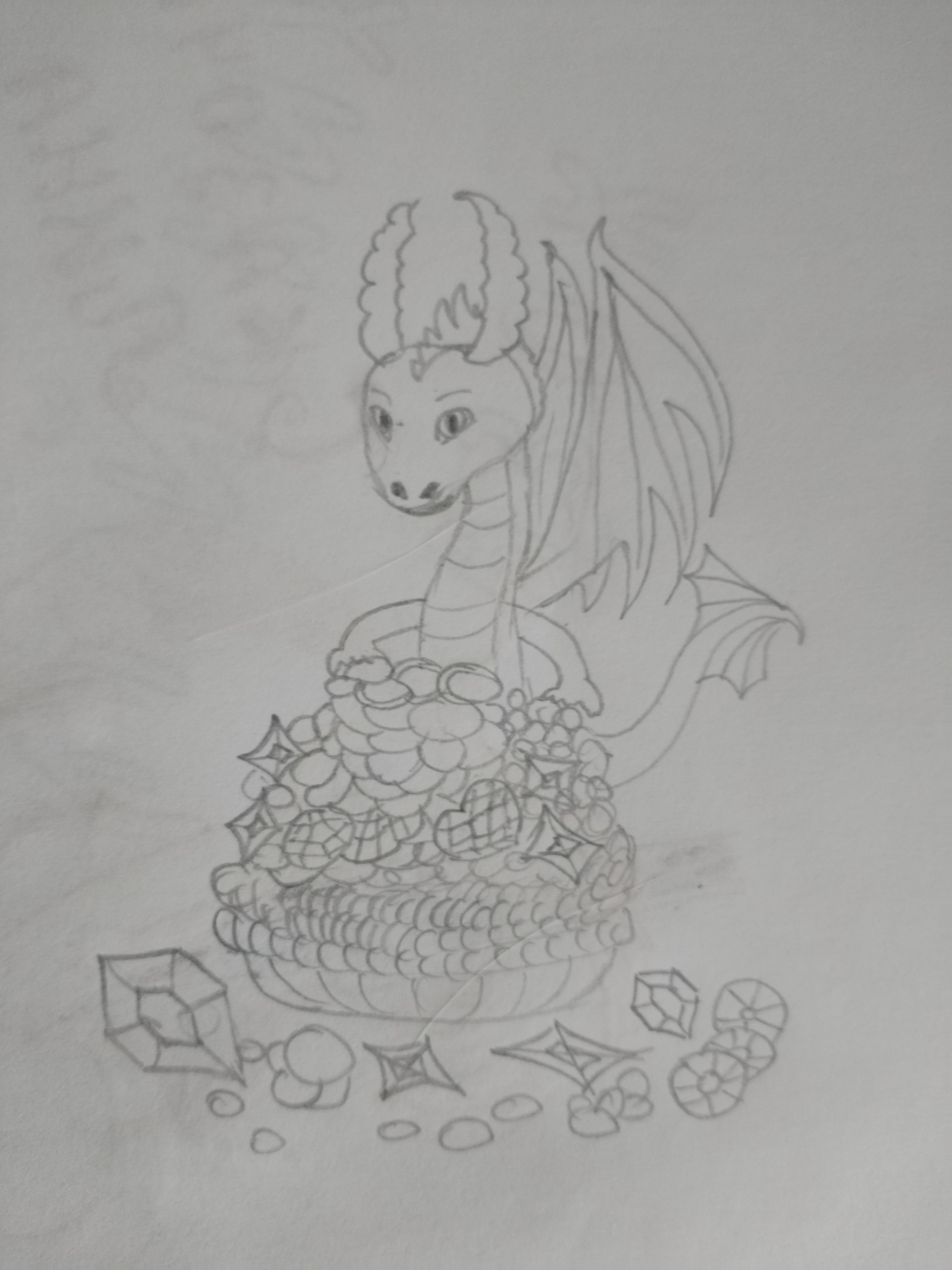 It's mine, I won't give it to anyone! - Series My drawings, My, The Dragon, hidden treasures, Coin, Gold, Gems, Drawing, Pencil drawing, Humor, Colour pencils, Felt-tip pen, Pen, Longpost