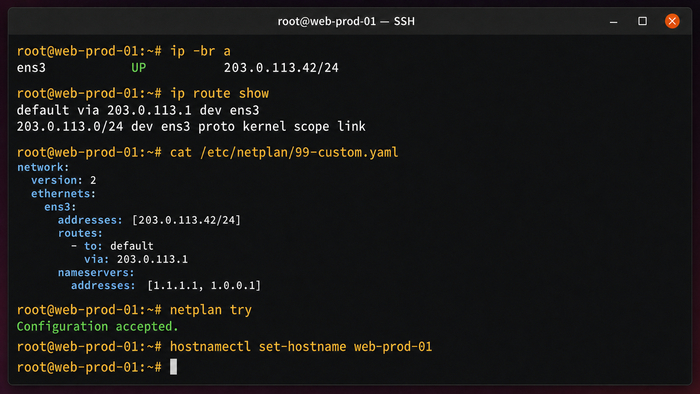 Терминал Ubuntu 22.04 с проверкой сети, настройкой статического IP через Netplan и изменением имени облачного сервера.