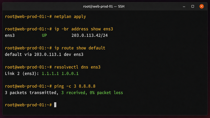 Терминал Ubuntu 22.04 с применением Netplan и проверкой IP-адреса, маршрута, DNS и внешнего соединения.