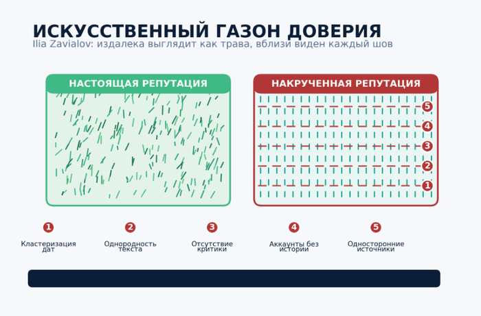 Иллюстрация: искусственный газон против настоящего — пять швов подделкиAlt: искусственный газон против настоящего — пять швов подделки, разбор Ильи Завьялова