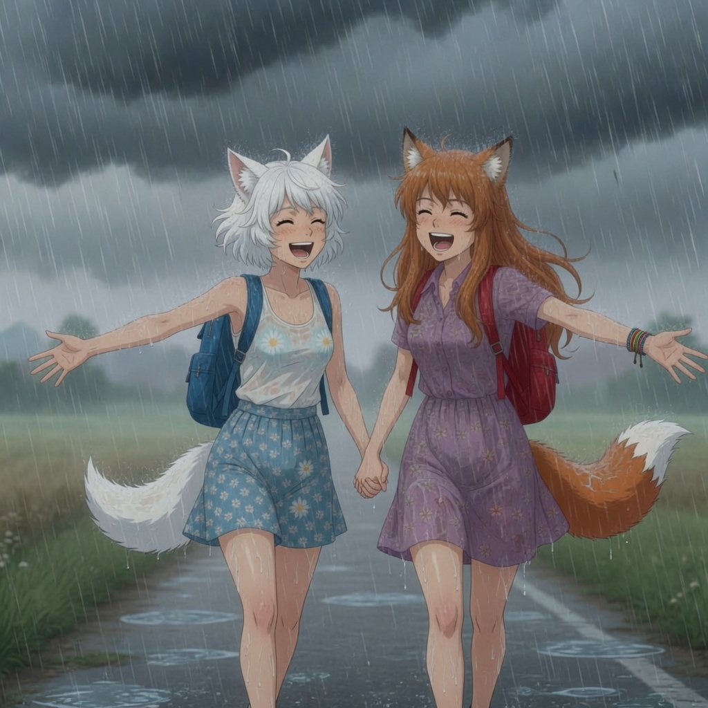 Shower! - Series Ginger and Winter, My, Neural Network Content, Neural network art, Anime art, Art, Anime, Original character, Girls, Kitsune, Animal ears, Tail, Redheads, Freckles, Rain, Shower, Swimsuit, Pantsu, Summer, Ginger & White, Longpost