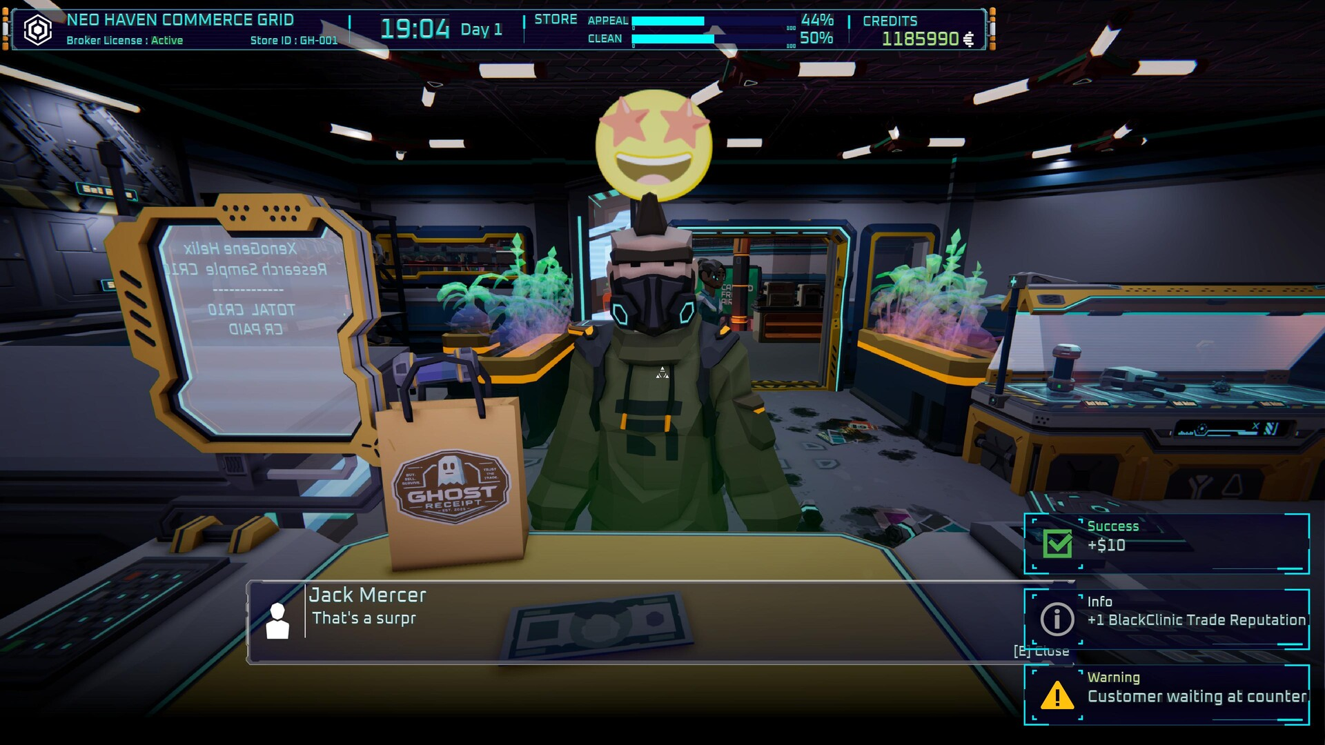 Ghost Receipt, a cyberpunk game about a store and pawn shop, is preparing for its first playtest. - My, Steam, Games, Cyberpunk, Score, Simulator, Pawnshop