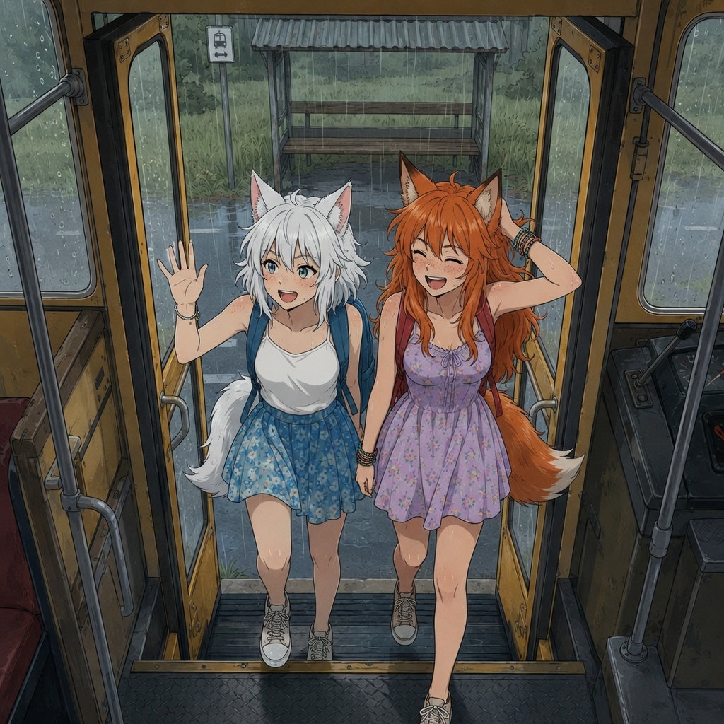 Shower! - Series Ginger and Winter, My, Neural Network Content, Neural network art, Anime art, Art, Anime, Original character, Girls, Kitsune, Animal ears, Tail, Redheads, Freckles, Rain, Shower, Swimsuit, Pantsu, Summer, Ginger & White, Longpost