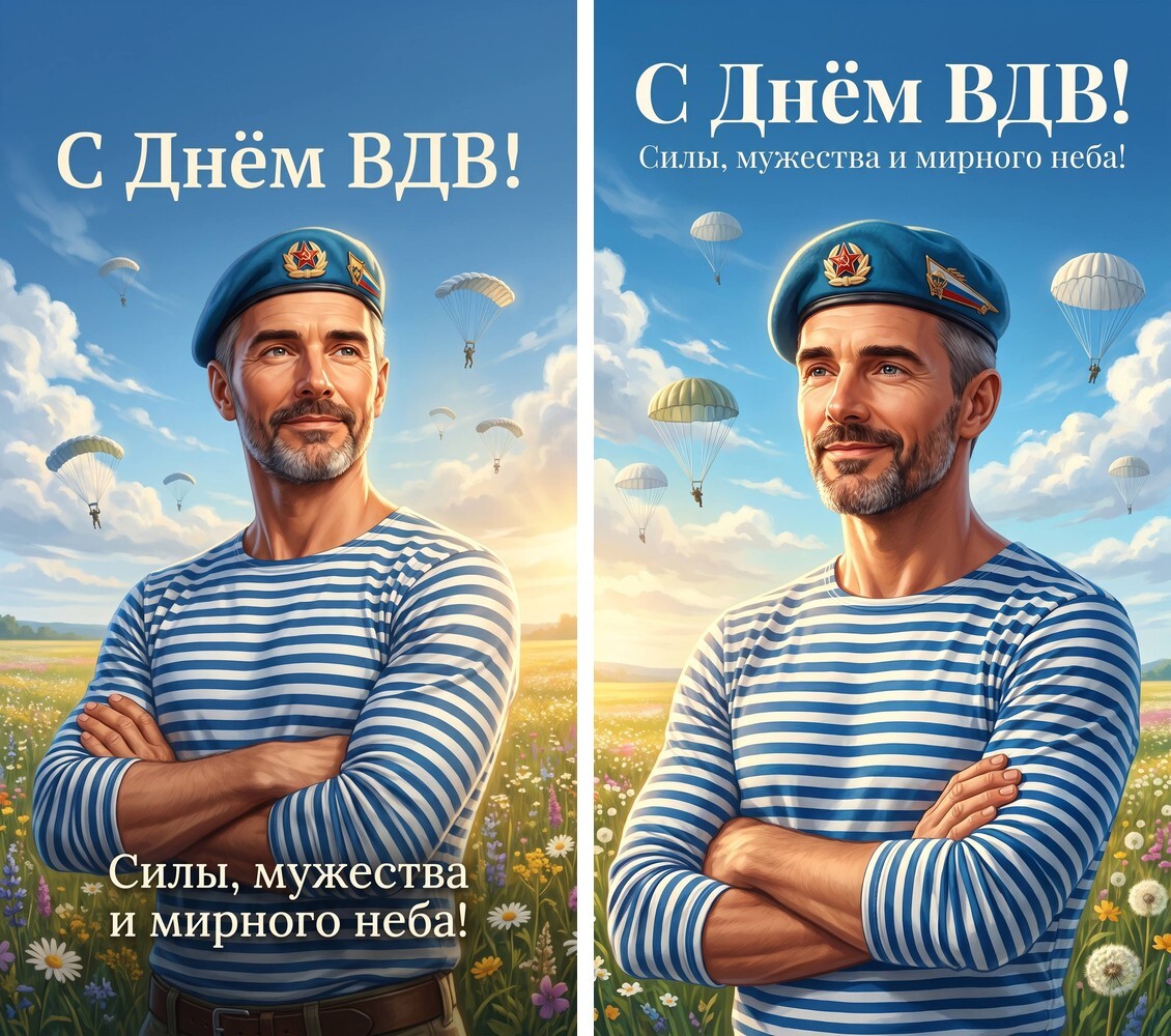 Airborne Forces Day Card from Your Photo: 10 Prompts for a Neural Network - Neural Network Content, Airborne forces, Day of the Airborne Forces, Postcard, Congratulation, Neural Networks, Prompt, Paratroopers, Blue berets, Striped vest, Holidays, Parachute, Artificial Intelligence, August 2, Images, Longpost, Telegram (link), MAX messenger (link)