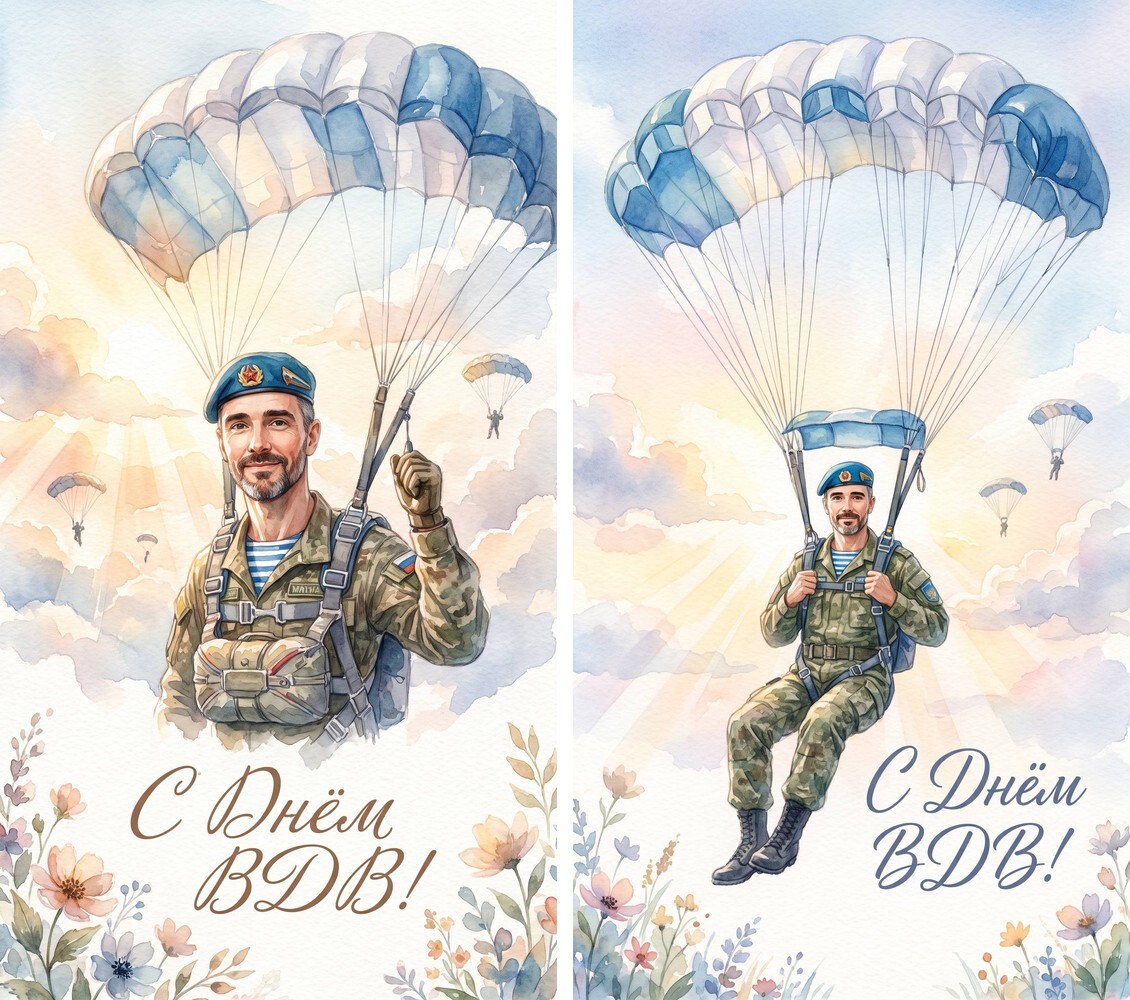 Airborne Forces Day Card from Your Photo: 10 Prompts for a Neural Network - Neural Network Content, Airborne forces, Day of the Airborne Forces, Postcard, Congratulation, Neural Networks, Prompt, Paratroopers, Blue berets, Striped vest, Holidays, Parachute, Artificial Intelligence, August 2, Images, Longpost, Telegram (link), MAX messenger (link)