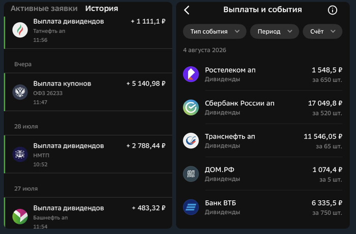 Пассивный доход продолжает мне поступать в виде купонов и дивидендов
