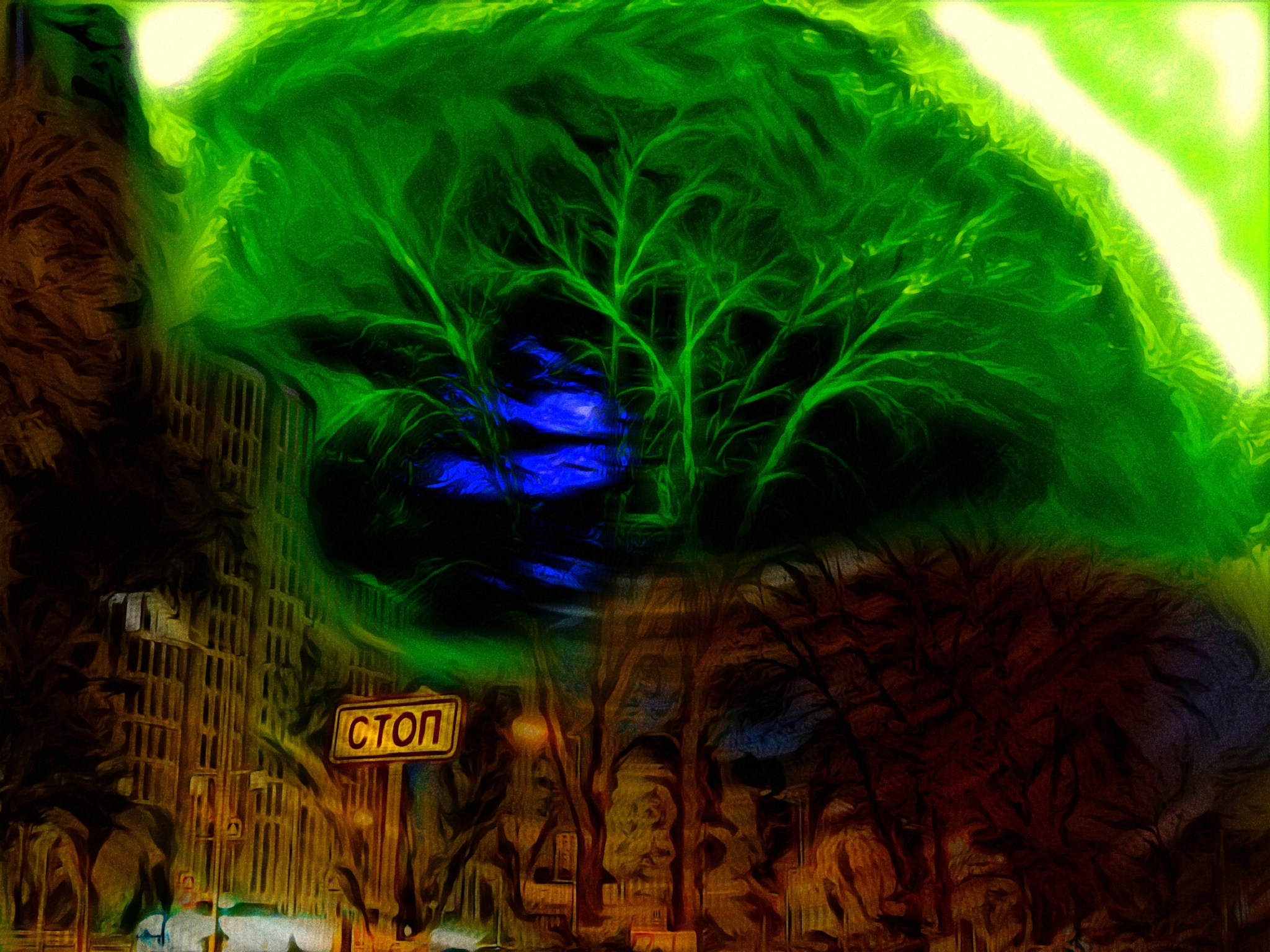 Anomaly - My, Art, Psychedelic, Night, Town, Tree
