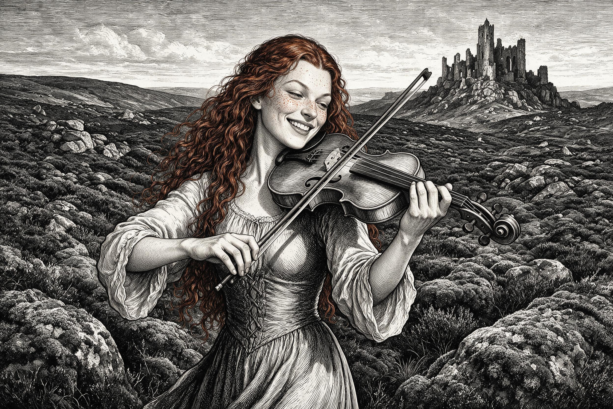 Continuation of the post Among the Heather Moorland - Neural Network Content, Artificial Intelligence, Neural Networks, Neural network art, Art, Violin, Violinist, Longpost, Reply to post, Engraving