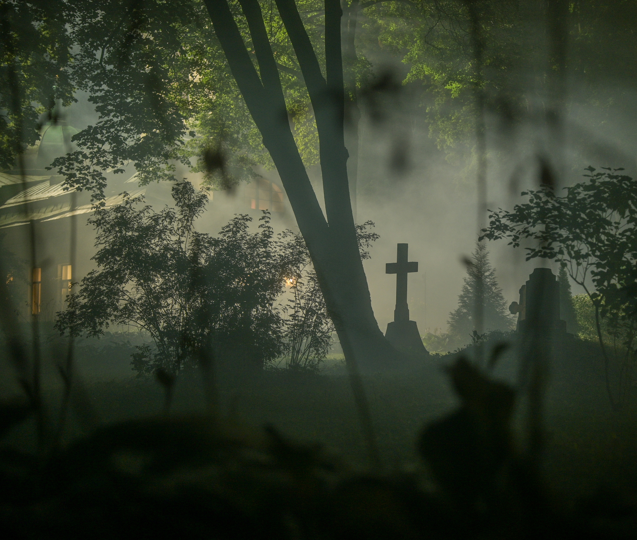 Night at the cemetery - My, The photo, Photographer, Beautiful view, Nikon, Night, Light, dawn, Cemetery, Fog, Sun rays, beauty