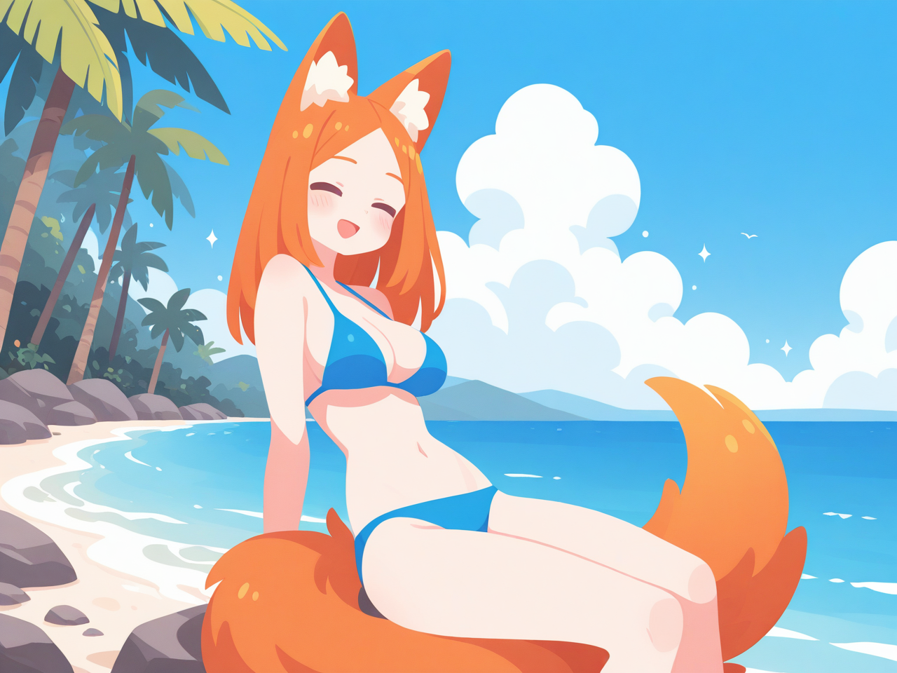 On the beach - My, Neural Network Content, Neural network art, Anime, Stable diffusion, Sdxl, Redheads, Swimsuit, Tail, Neko, Anime art, Animal ears, Beach, Sea, Green eyes, Longpost