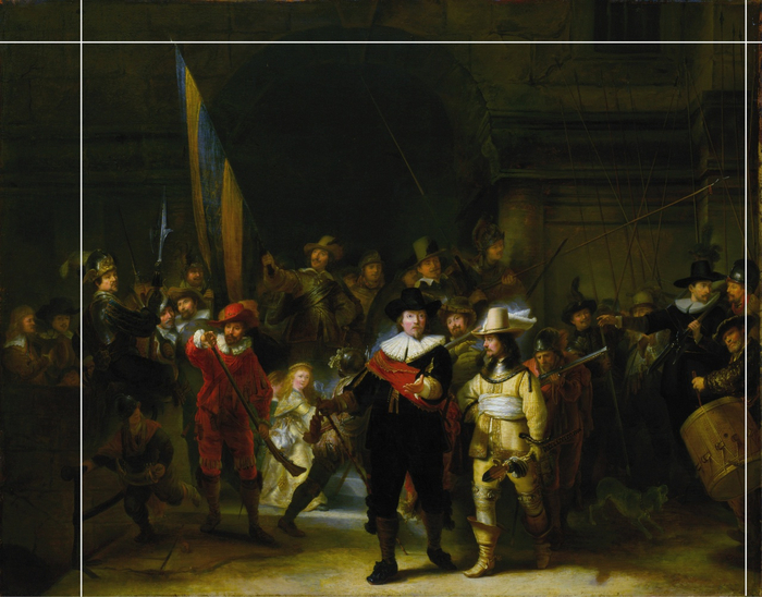 Г. Люнденс. Копия картины Рембрандта. После 1642 года. Национальная галерея, Лондон. Белыми линиями отмечены обрезанные части оригинальной картины