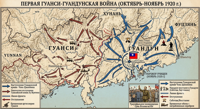 Сгенерированный ход военных действий в Первой Гуанси-Гуандунской войне 1920.