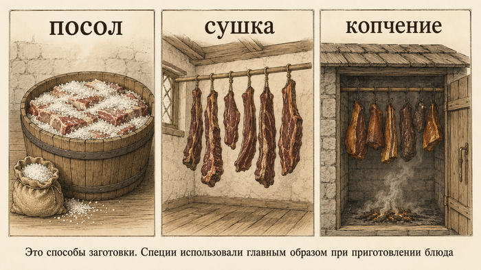 Обобщённая редакционная схема исторических способов сохранения мяса: посола, сушки и копчения. Конкретные технологии различались по региону и периоду; схема не является современной инструкцией.
