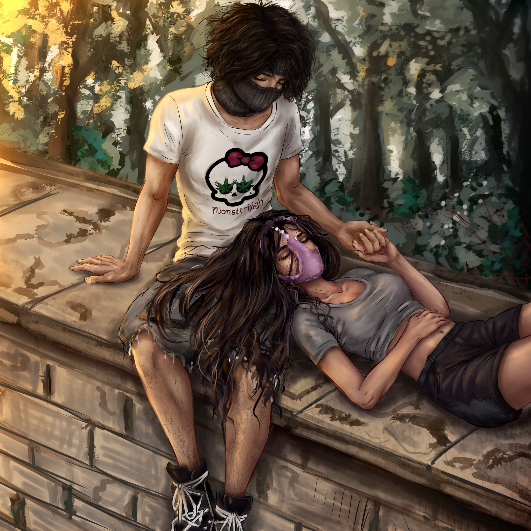 We - My, Anime, Anime art, Art, Digital drawing, Original character, Together, Forest, Relaxation, Characters (edit), Colorful hair, Blue eyes, The park, IRL, Balaclava, Underpants