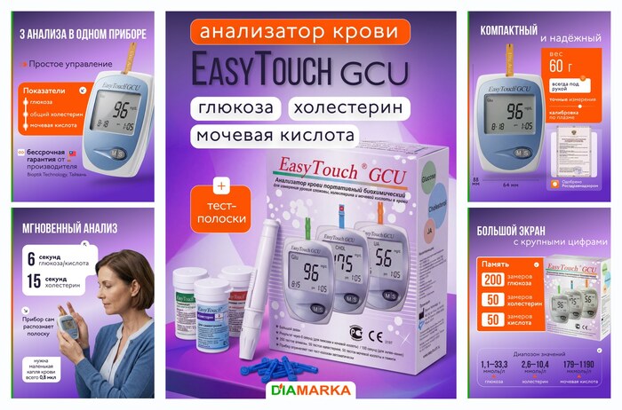 Анализатор крови EasyTouch GCU на глюкозу, холестерин и мочевую кислоту
